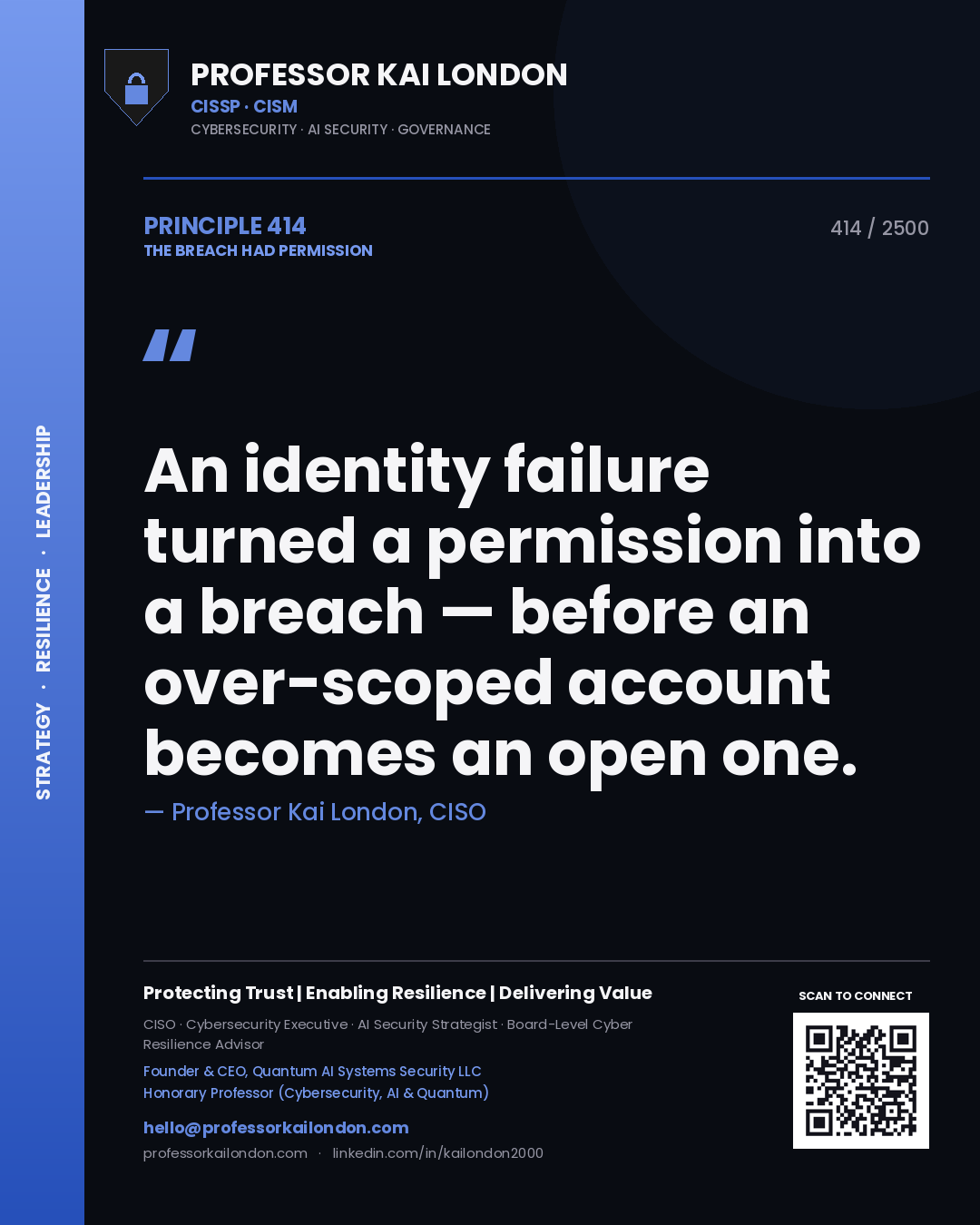 Professor Kai London principle 414: An identity failure turned a permission into a breach — before an over-scoped account becomes an open one.