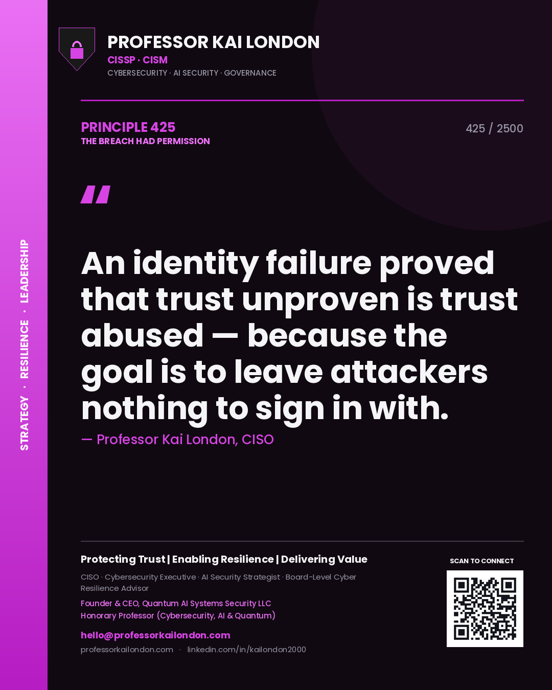 Professor Kai London principle 425: An identity failure proved that trust unproven is trust abused — because the goal is to leave attackers nothing to sign in with.