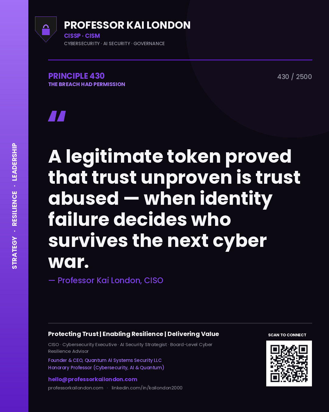 Professor Kai London principle 430: A legitimate token proved that trust unproven is trust abused — when identity failure decides who survives the next cyber war.
