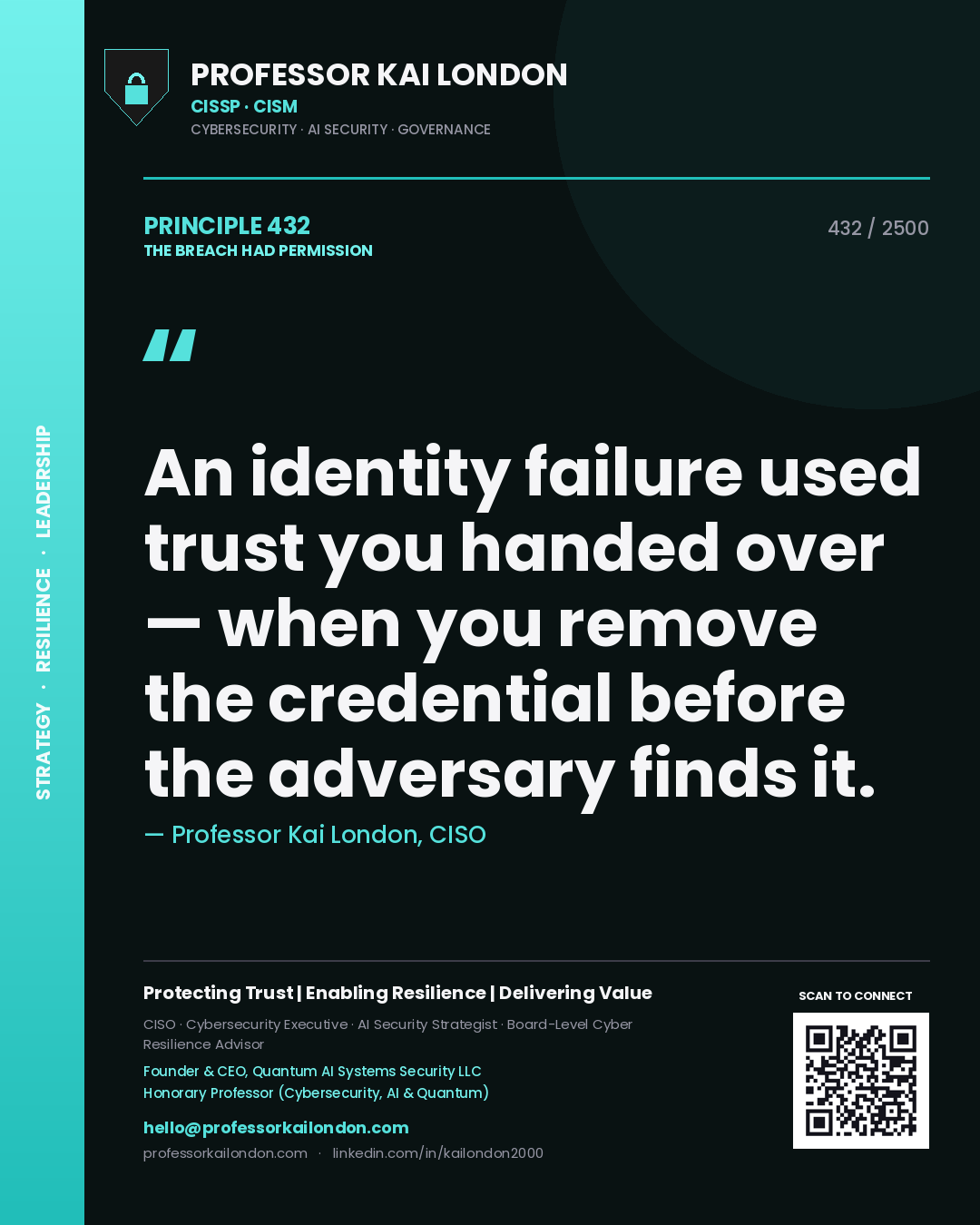 Professor Kai London principle 432: An identity failure used trust you handed over — when you remove the credential before the adversary finds it.
