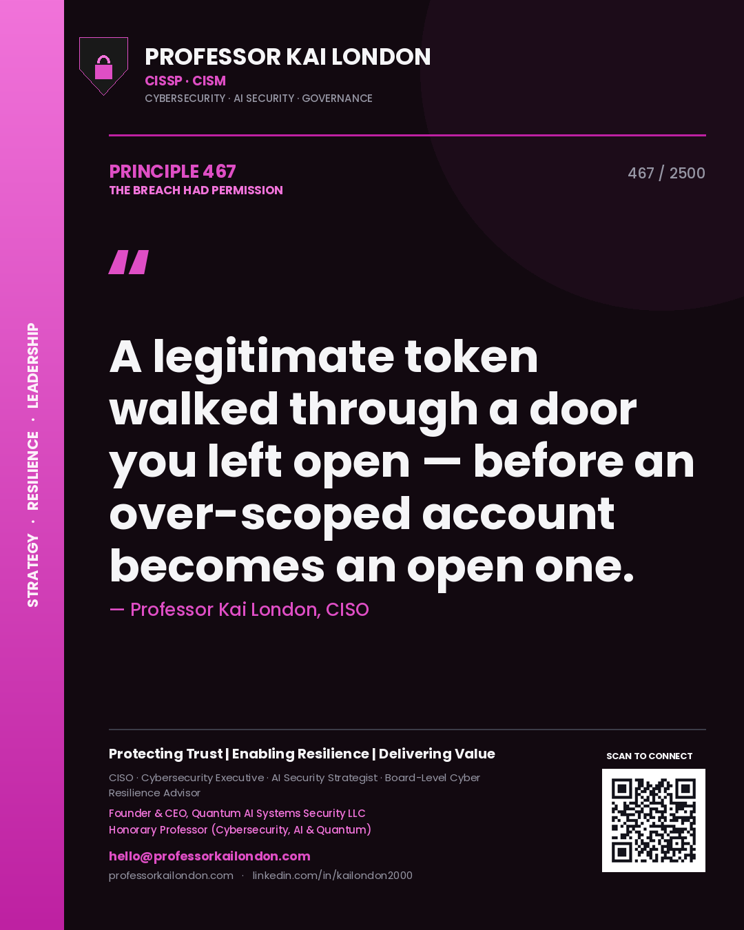 Professor Kai London principle 467: A legitimate token walked through a door you left open — before an over-scoped account becomes an open one.