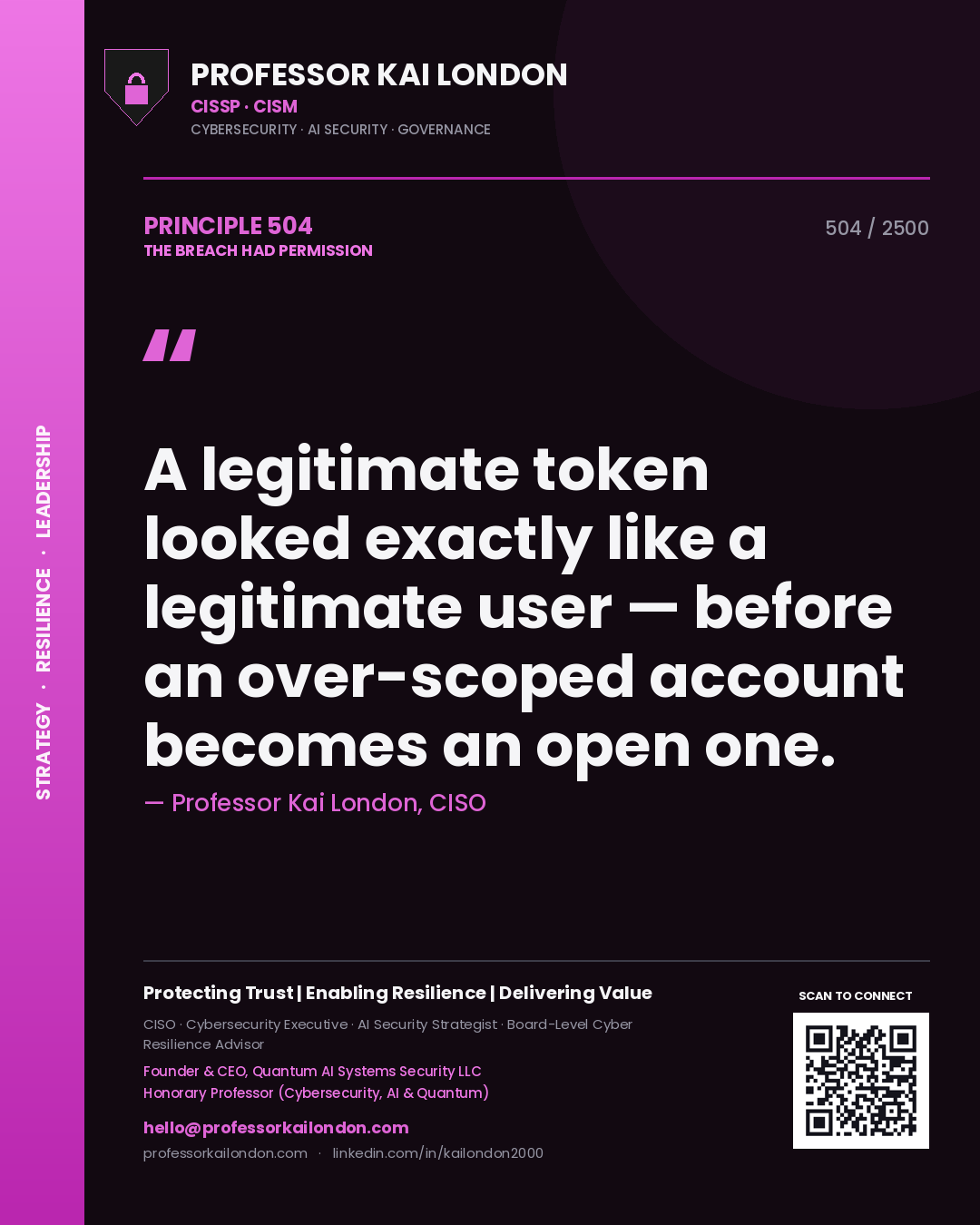 Professor Kai London principle 504: A legitimate token looked exactly like a legitimate user — before an over-scoped account becomes an open one.
