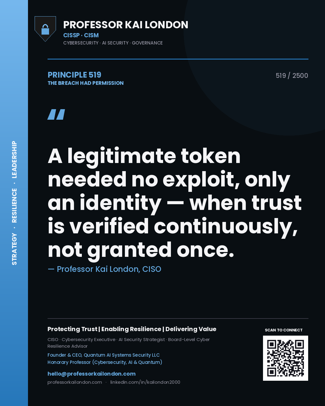 Professor Kai London principle 519: A legitimate token needed no exploit, only an identity — when trust is verified continuously, not granted once.