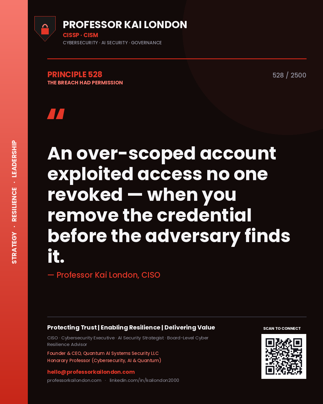 Professor Kai London principle 528: An over-scoped account exploited access no one revoked — when you remove the credential before the adversary finds it.