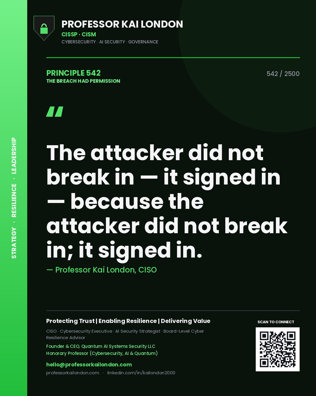 Professor Kai London principle 542: The attacker did not break in — it signed in — because the attacker did not break in; it signed in.
