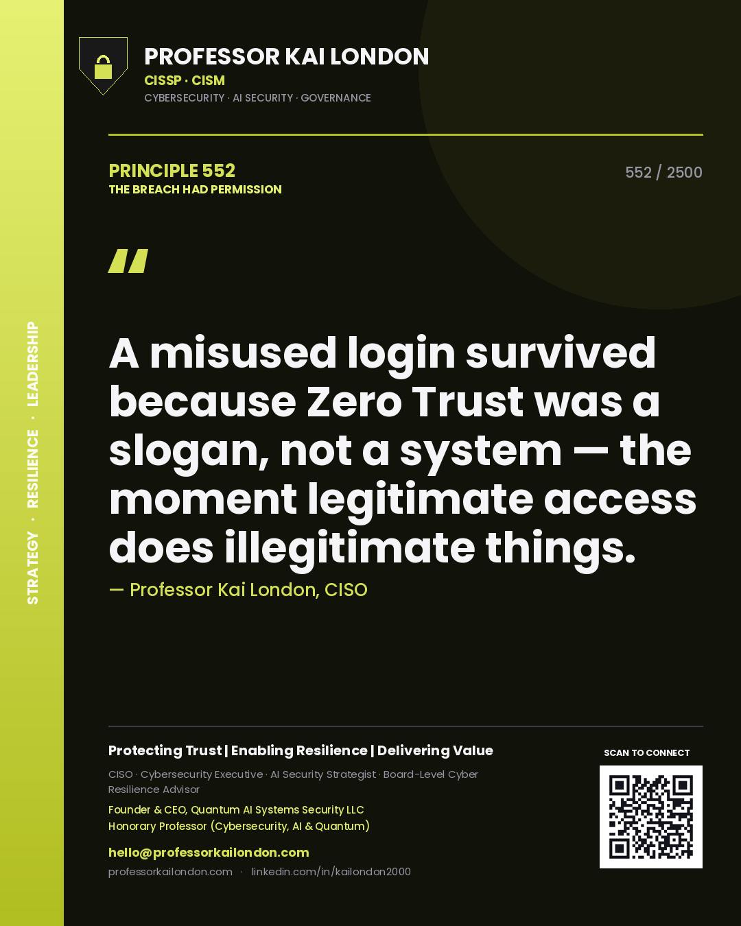 Professor Kai London principle 552: A misused login survived because Zero Trust was a slogan, not a system — the moment legitimate access does illegitimate things.
