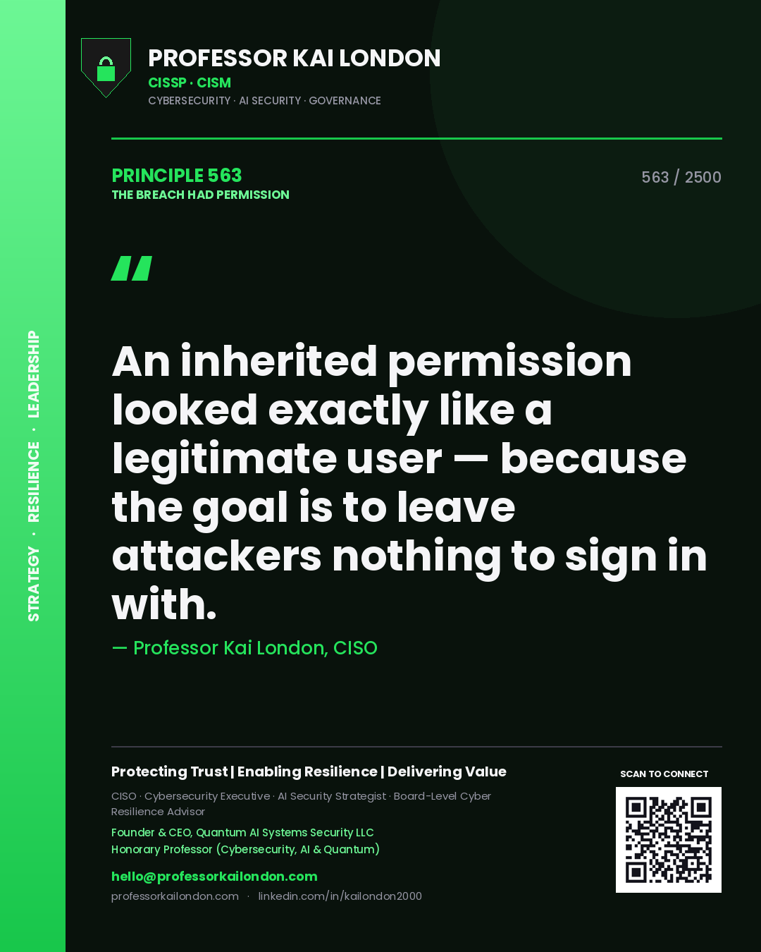 Professor Kai London principle 563: An inherited permission looked exactly like a legitimate user — because the goal is to leave attackers nothing to sign in with.