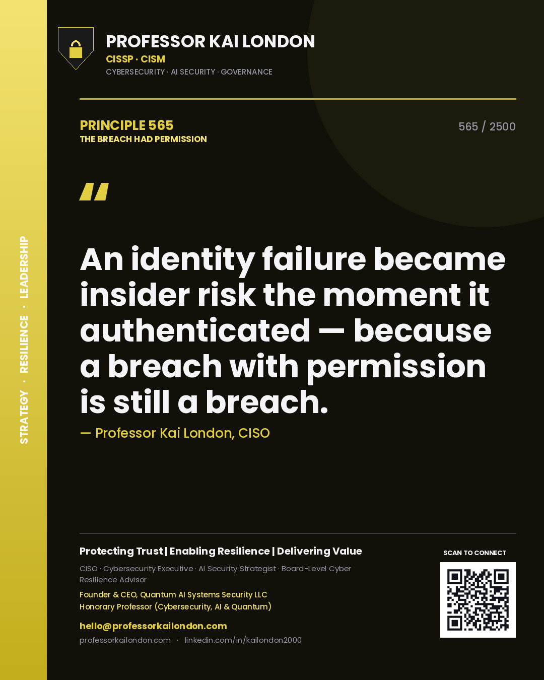 Professor Kai London principle 565: An identity failure became insider risk the moment it authenticated — because a breach with permission is still a breach.
