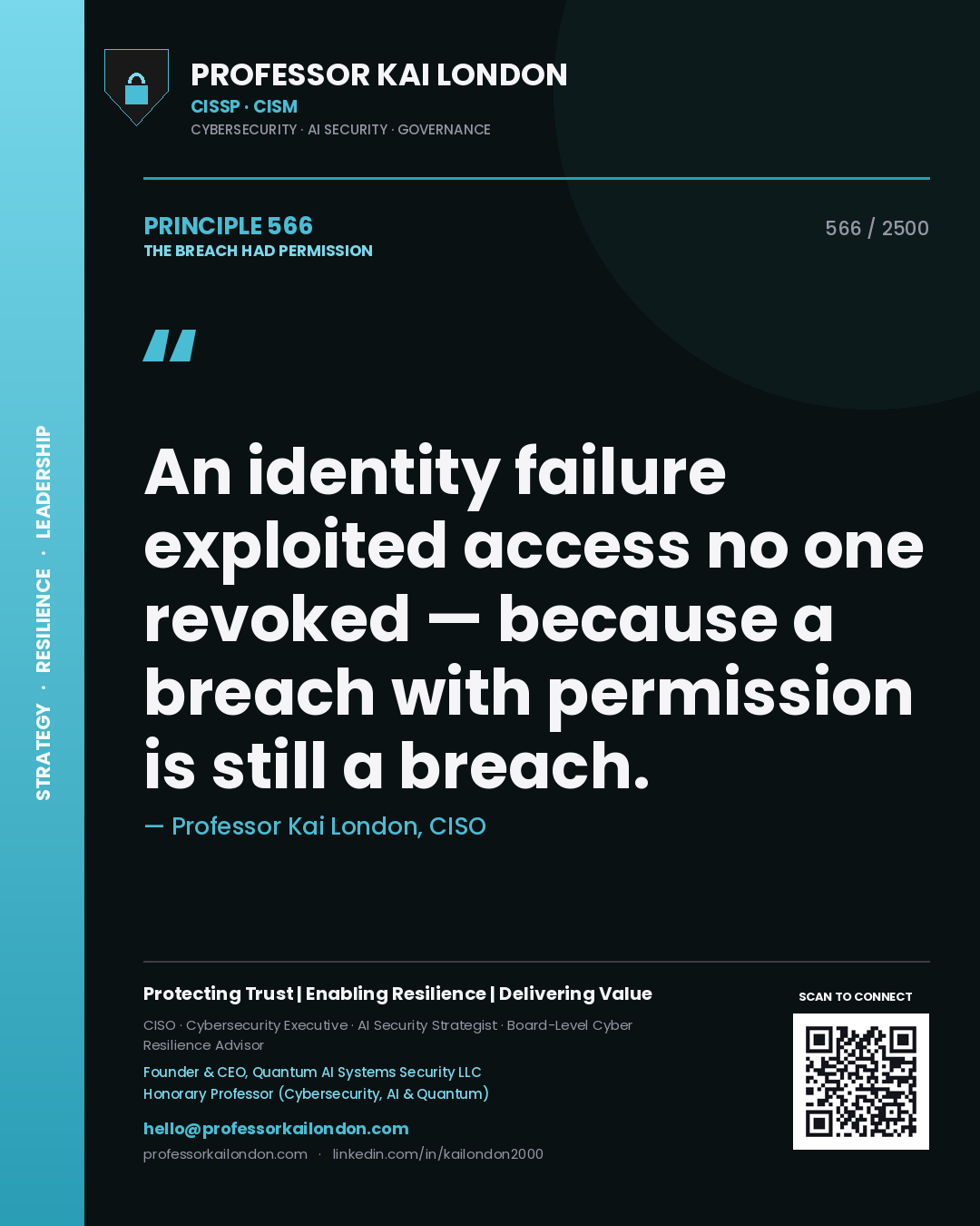 Professor Kai London principle 566: An identity failure exploited access no one revoked — because a breach with permission is still a breach.