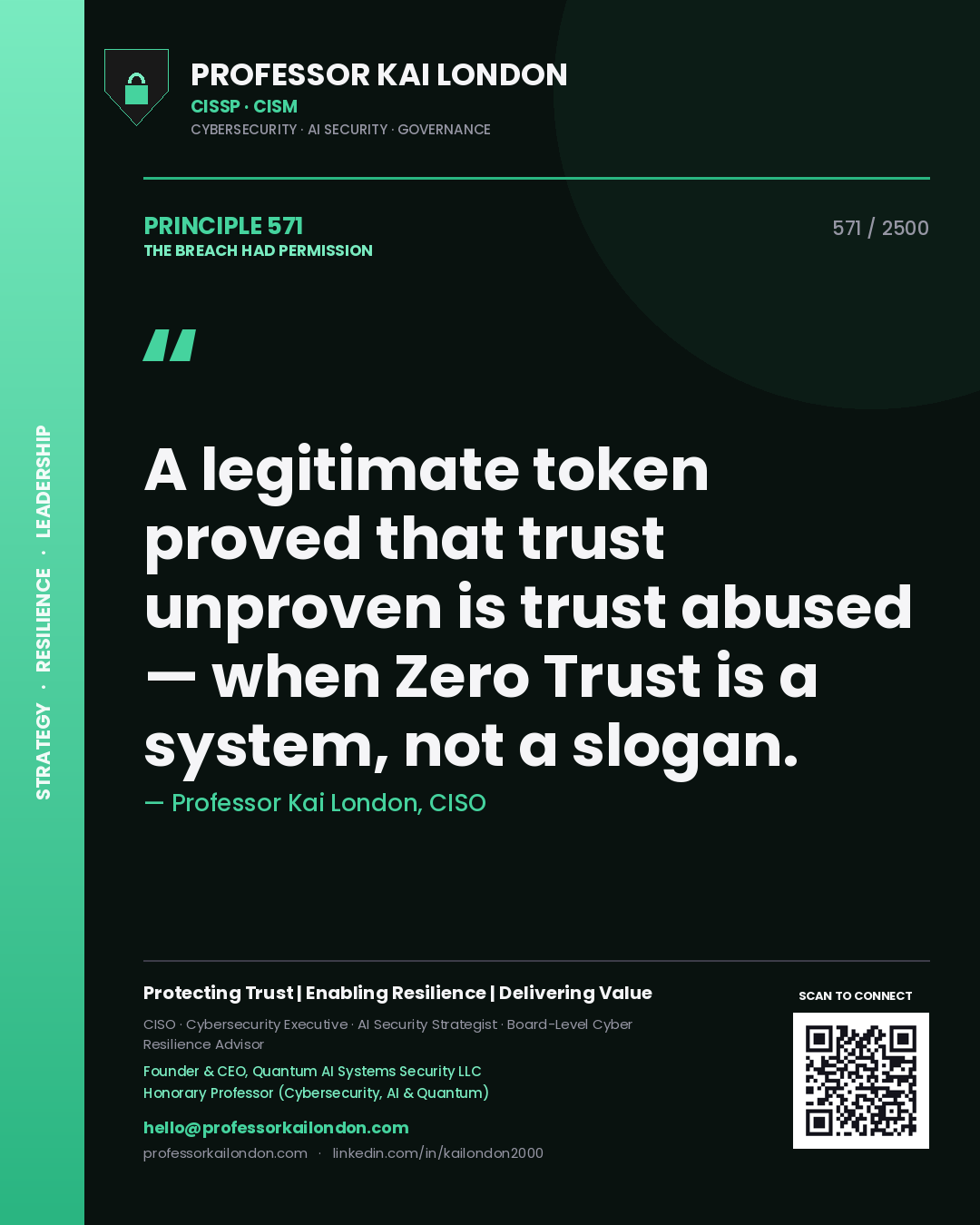 Professor Kai London principle 571: A legitimate token proved that trust unproven is trust abused — when Zero Trust is a system, not a slogan.