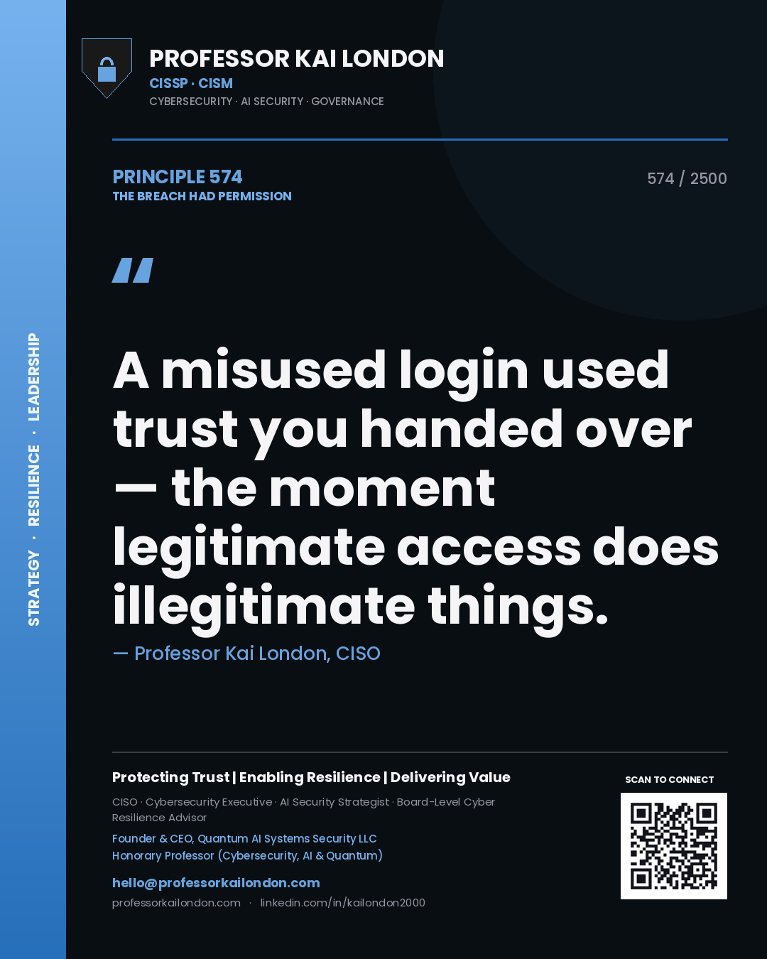 Professor Kai London principle 574: A misused login used trust you handed over — the moment legitimate access does illegitimate things.