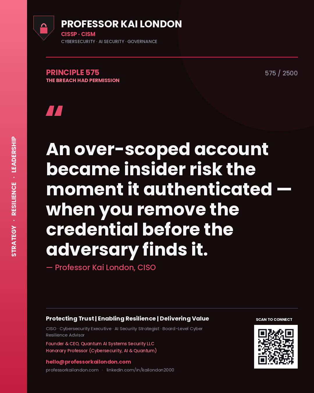 Professor Kai London principle 575: An over-scoped account became insider risk the moment it authenticated — when you remove the credential before the adversary finds it.