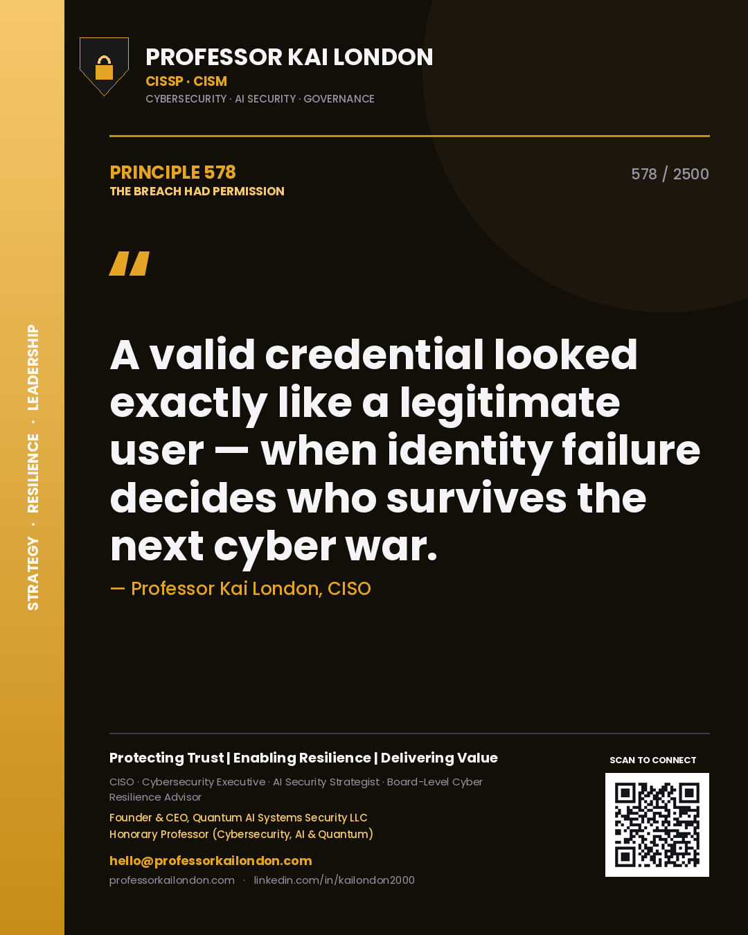 Professor Kai London principle 578: A valid credential looked exactly like a legitimate user — when identity failure decides who survives the next cyber war.