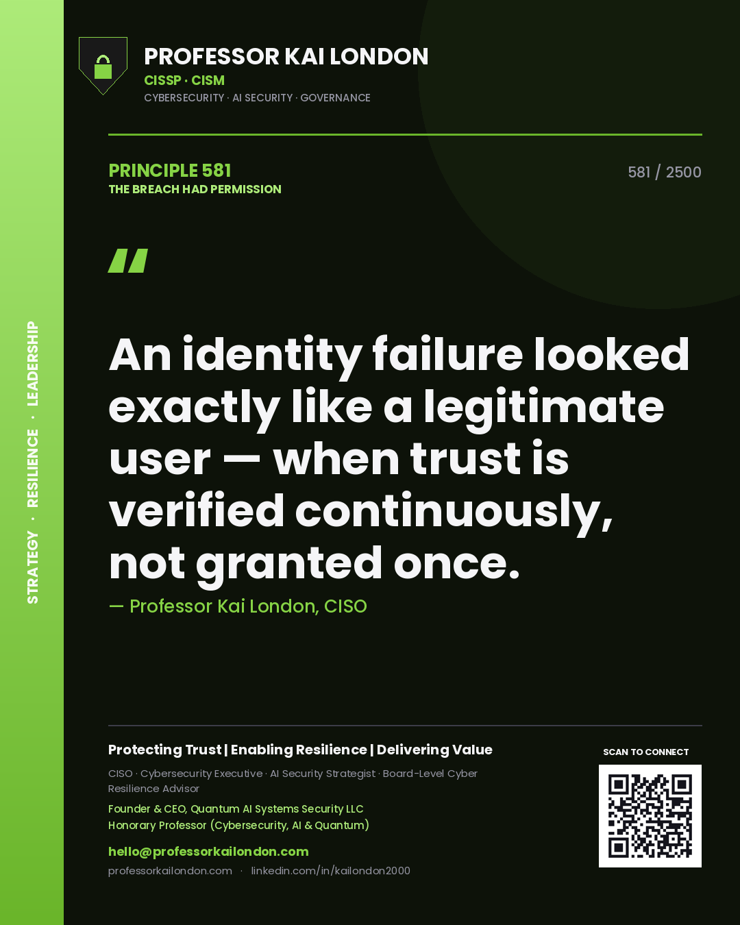 Professor Kai London principle 581: An identity failure looked exactly like a legitimate user — when trust is verified continuously, not granted once.