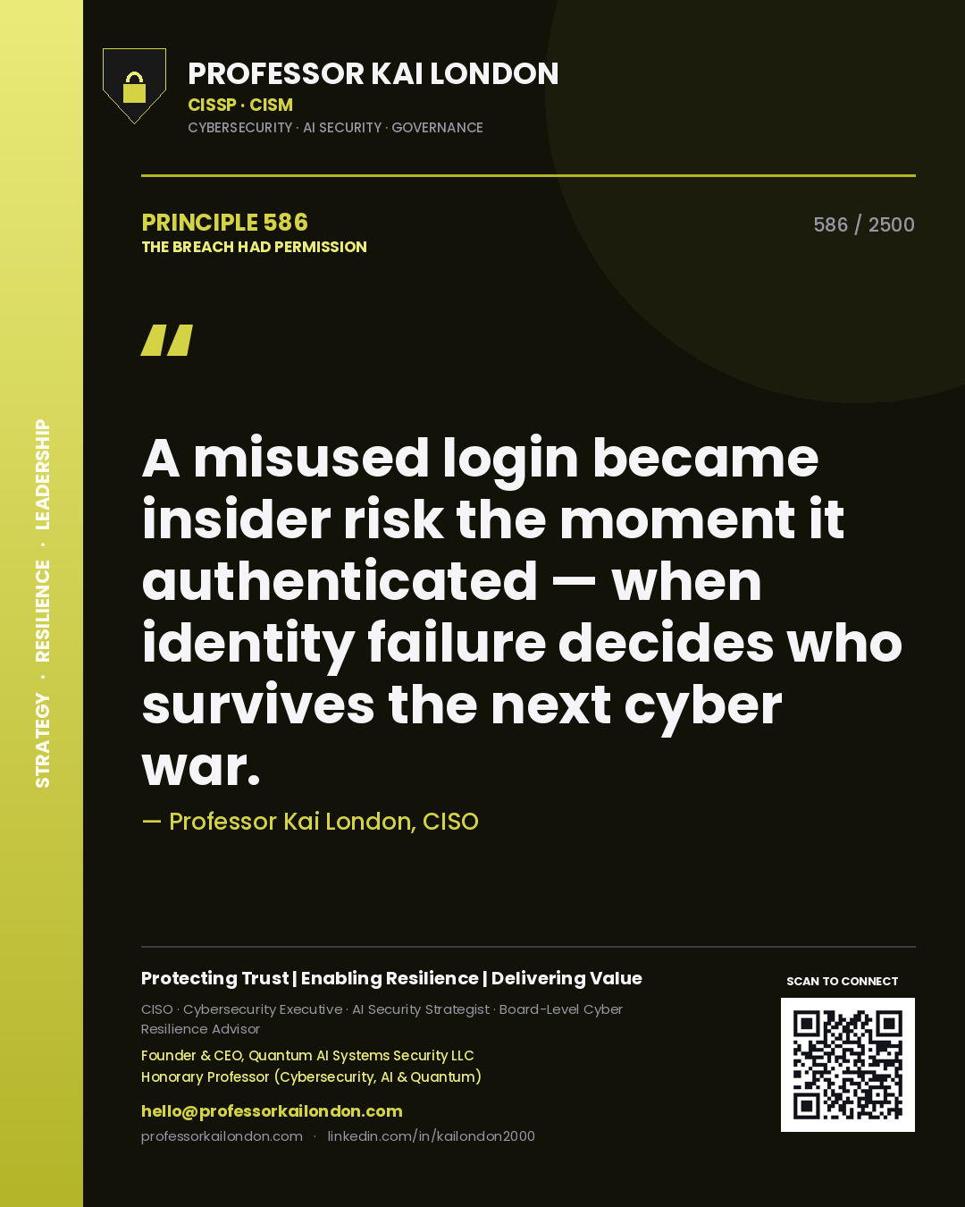 Professor Kai London principle 586: A misused login became insider risk the moment it authenticated — when identity failure decides who survives the next cyber war.