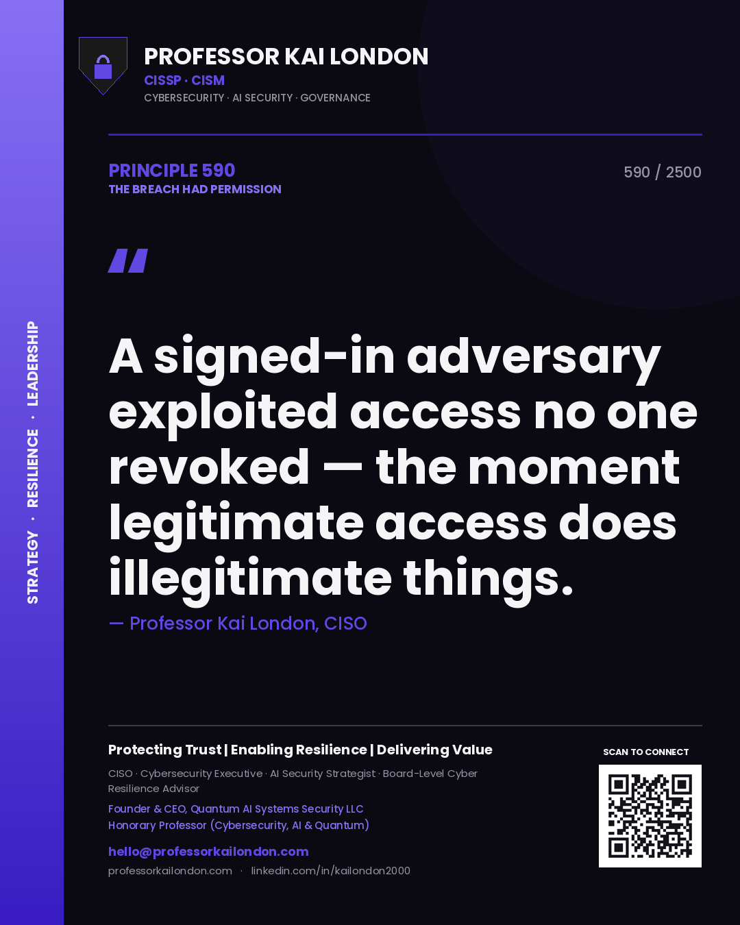 Professor Kai London principle 590: A signed-in adversary exploited access no one revoked — the moment legitimate access does illegitimate things.
