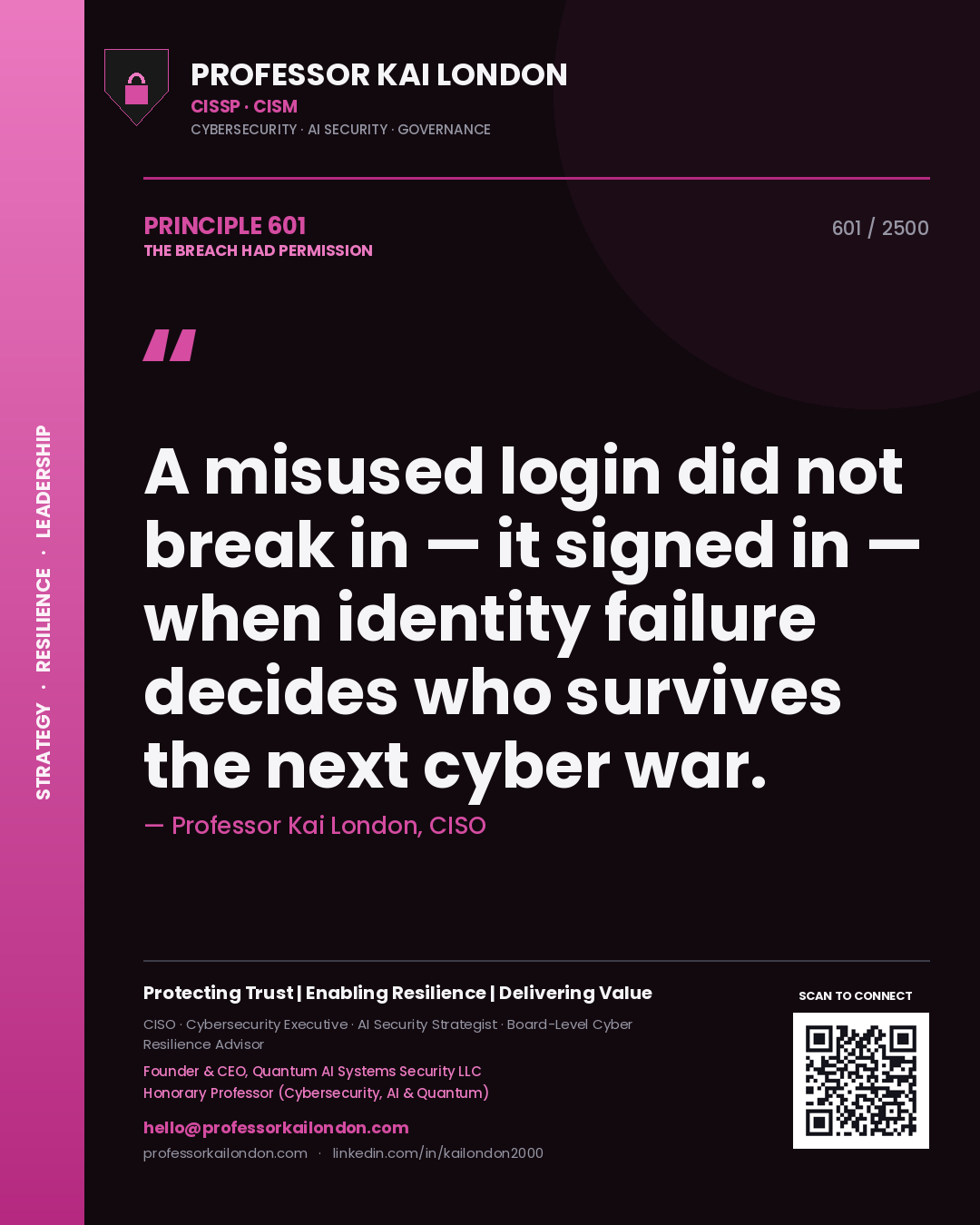 Professor Kai London principle 601: A misused login did not break in — it signed in — when identity failure decides who survives the next cyber war.