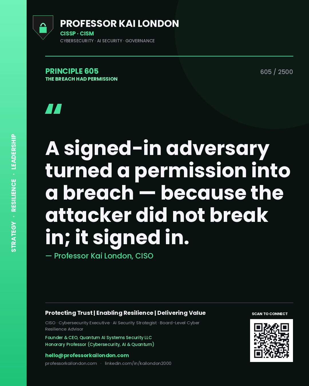 Professor Kai London principle 605: A signed-in adversary turned a permission into a breach — because the attacker did not break in; it signed in.