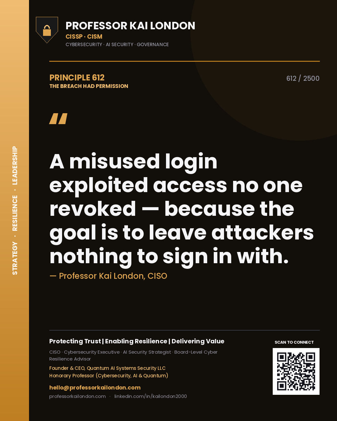 Professor Kai London principle 612: A misused login exploited access no one revoked — because the goal is to leave attackers nothing to sign in with.