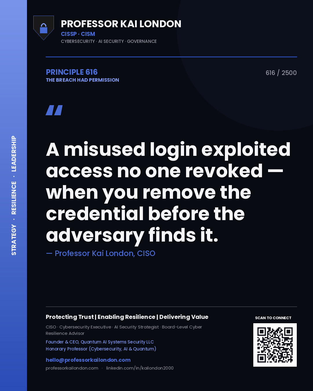 Professor Kai London principle 616: A misused login exploited access no one revoked — when you remove the credential before the adversary finds it.