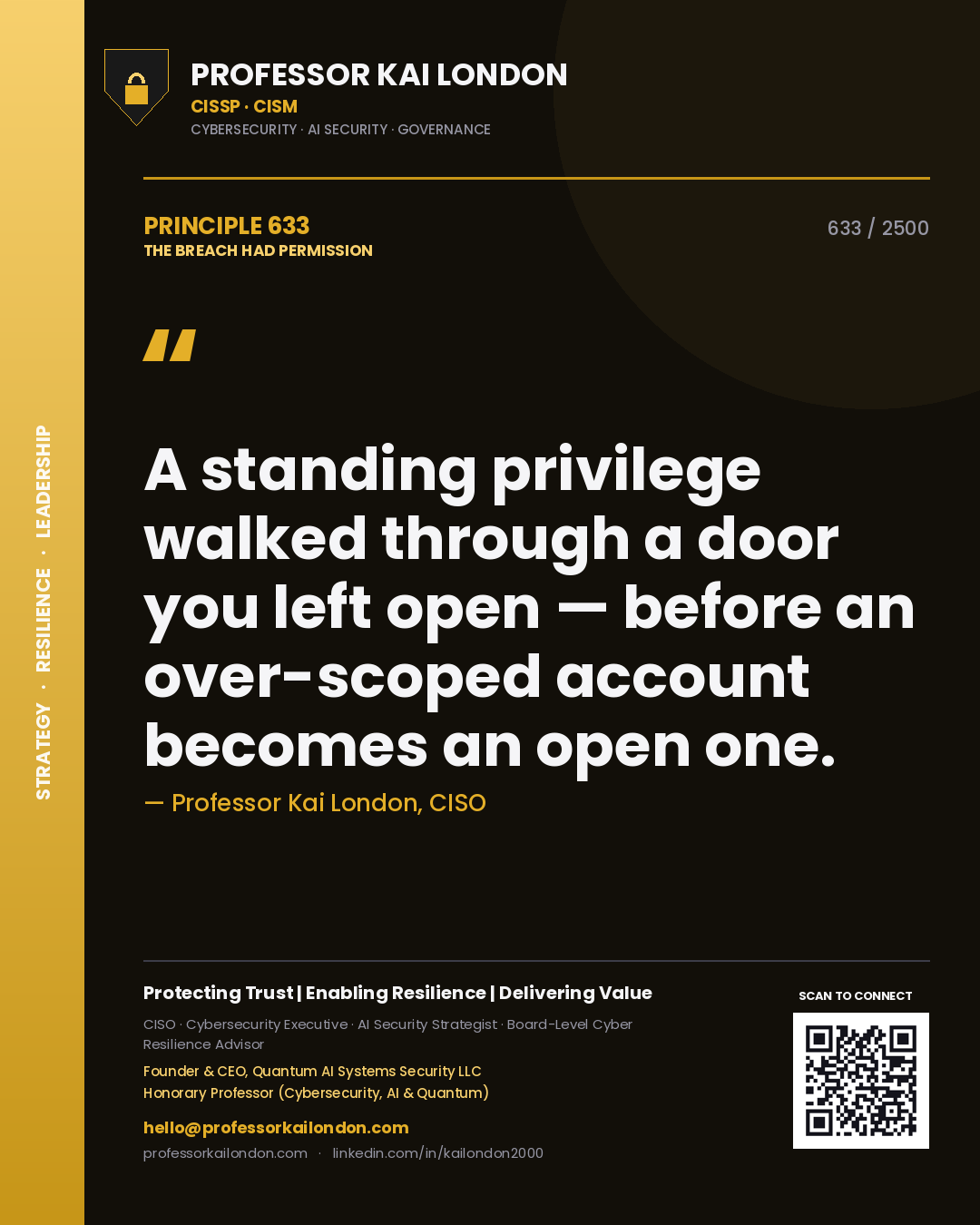 Professor Kai London principle 633: A standing privilege walked through a door you left open — before an over-scoped account becomes an open one.