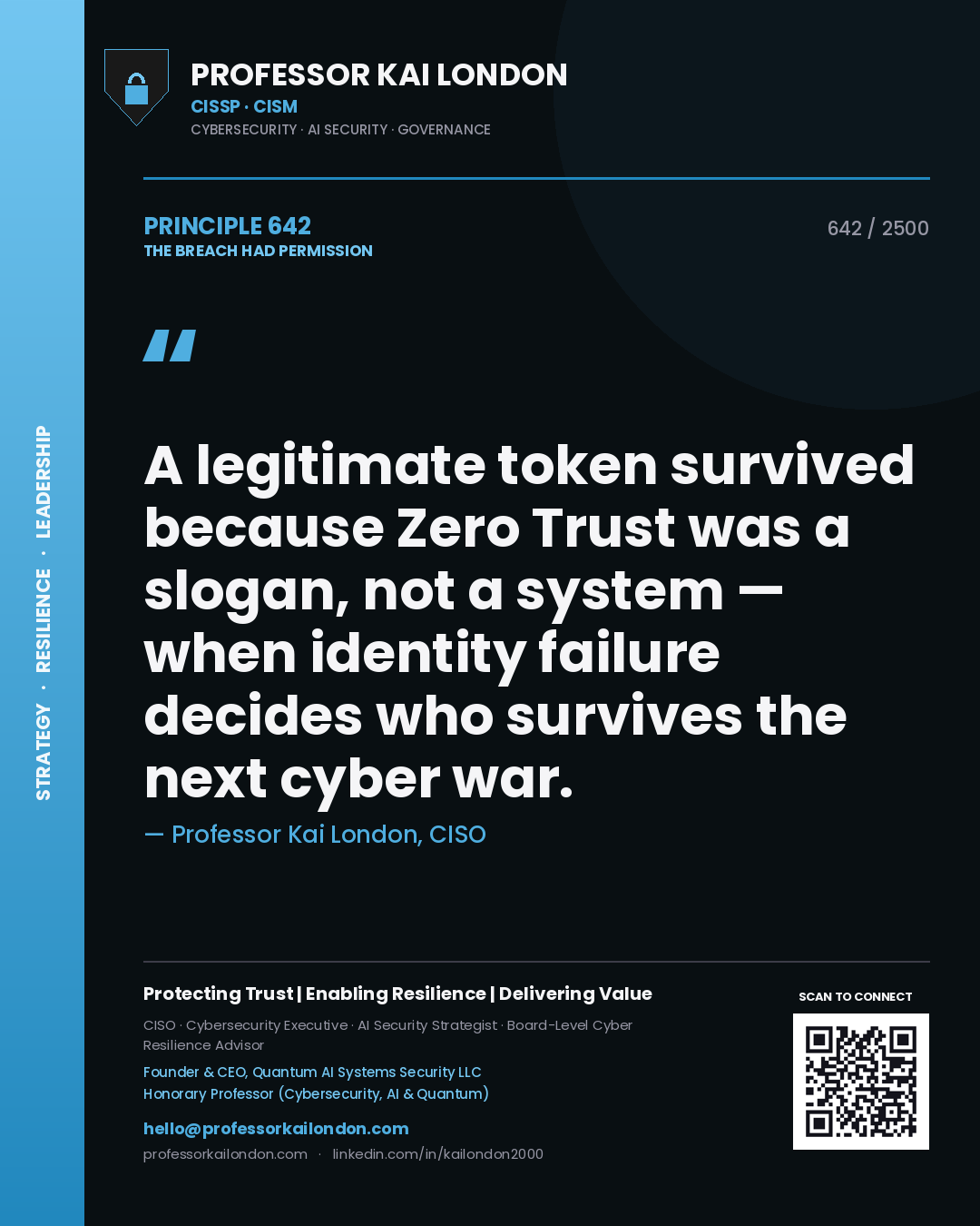 Professor Kai London principle 642: A legitimate token survived because Zero Trust was a slogan, not a system — when identity failure decides who survives the next cyber war.