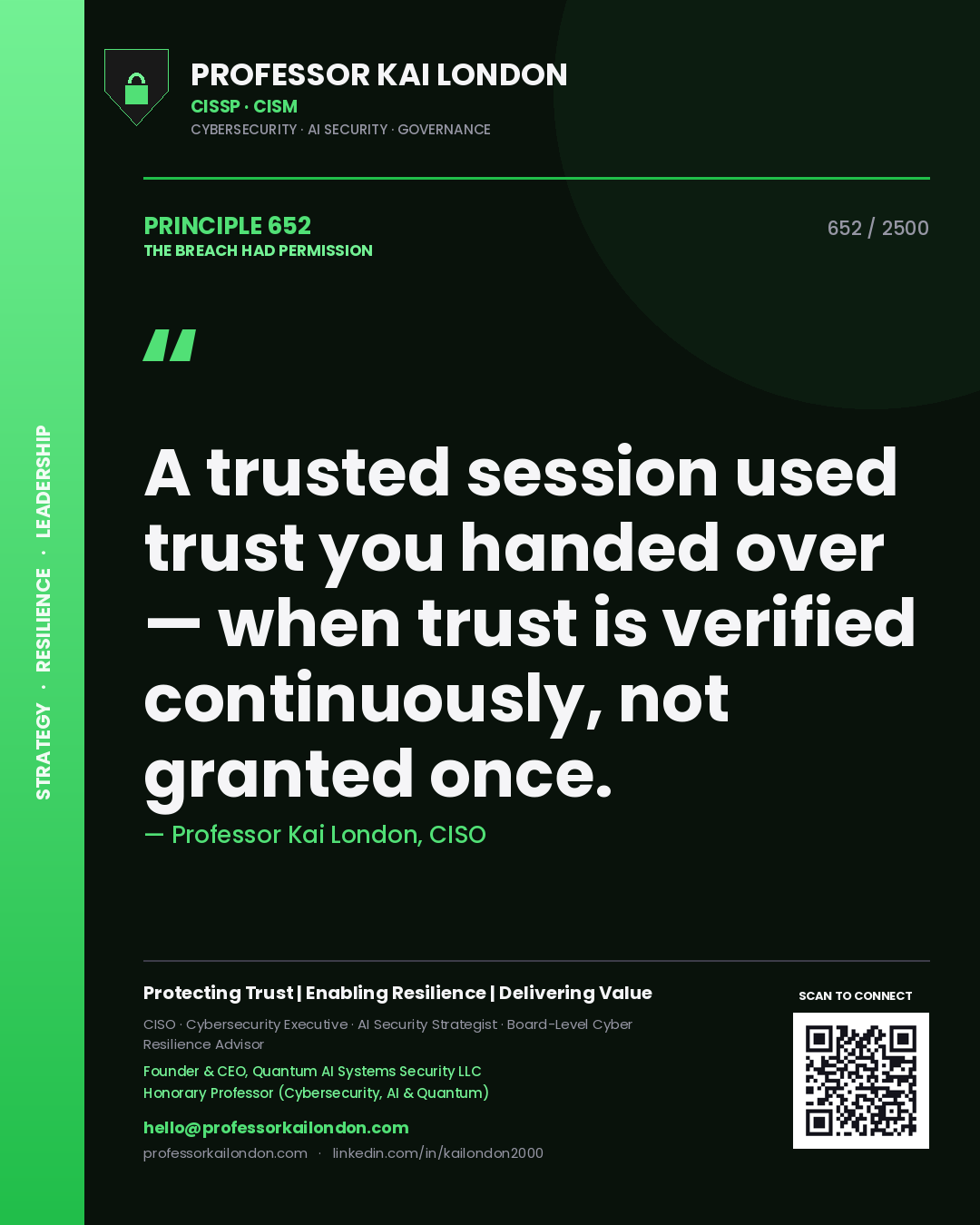 Professor Kai London principle 652: A trusted session used trust you handed over — when trust is verified continuously, not granted once.