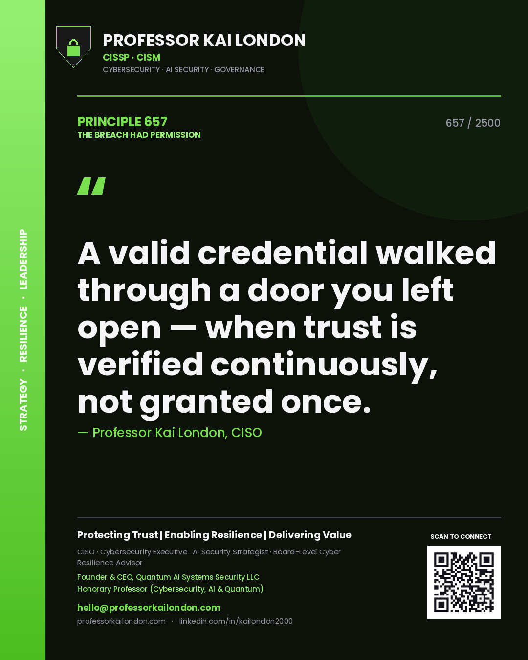 Professor Kai London principle 657: A valid credential walked through a door you left open — when trust is verified continuously, not granted once.