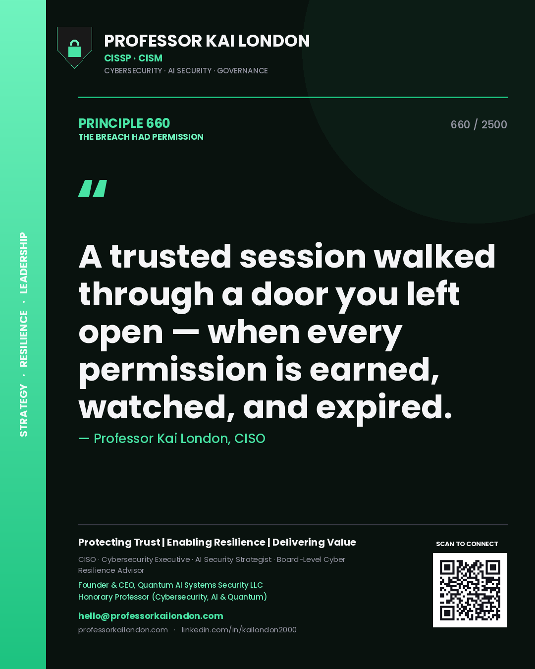 Professor Kai London principle 660: A trusted session walked through a door you left open — when every permission is earned, watched, and expired.