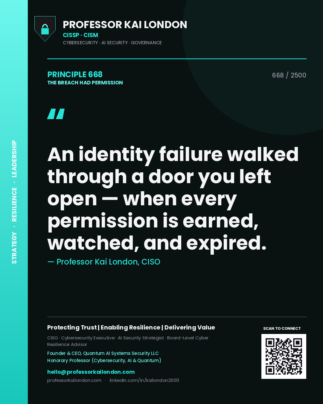 Professor Kai London principle 668: An identity failure walked through a door you left open — when every permission is earned, watched, and expired.