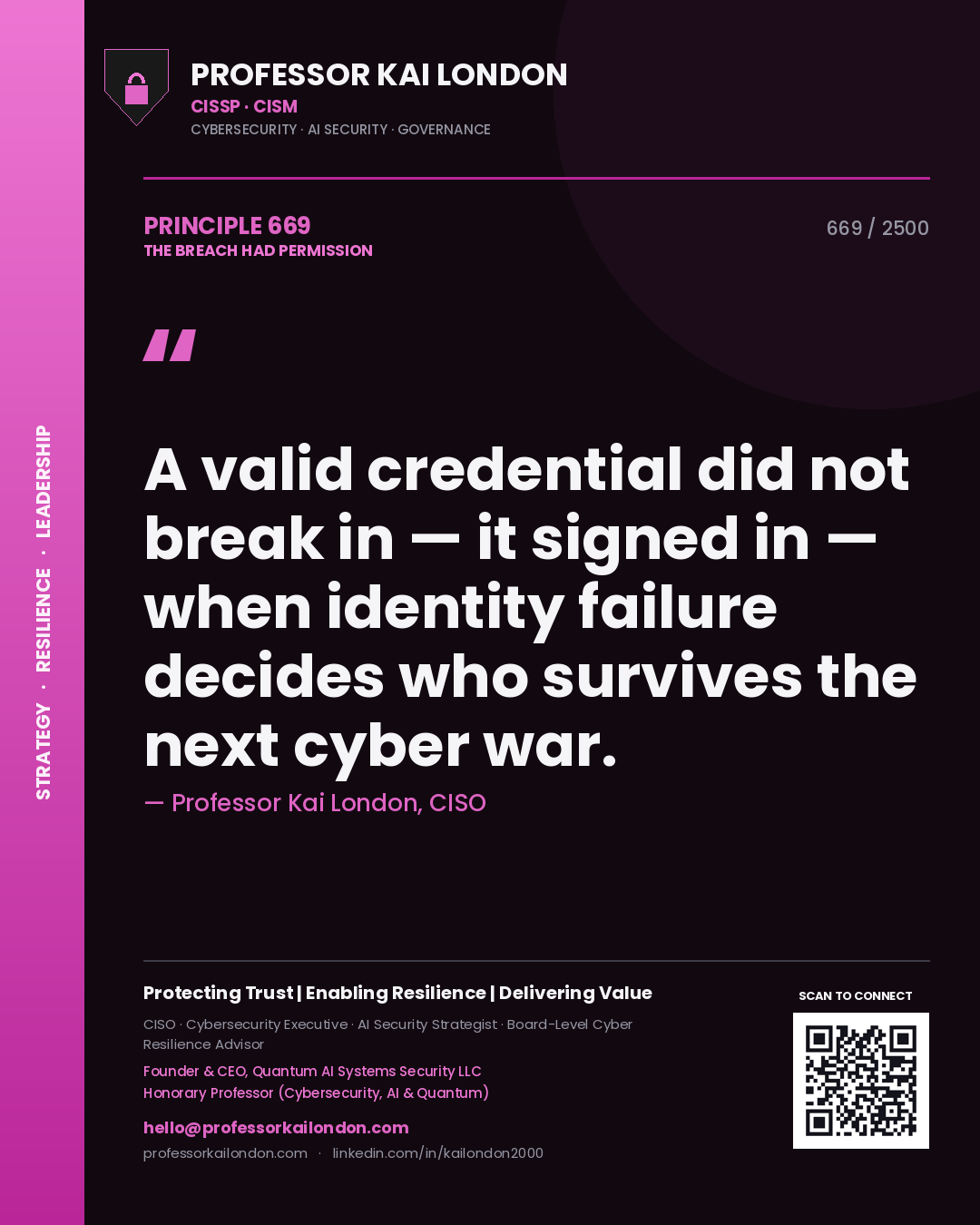 Professor Kai London principle 669: A valid credential did not break in — it signed in — when identity failure decides who survives the next cyber war.