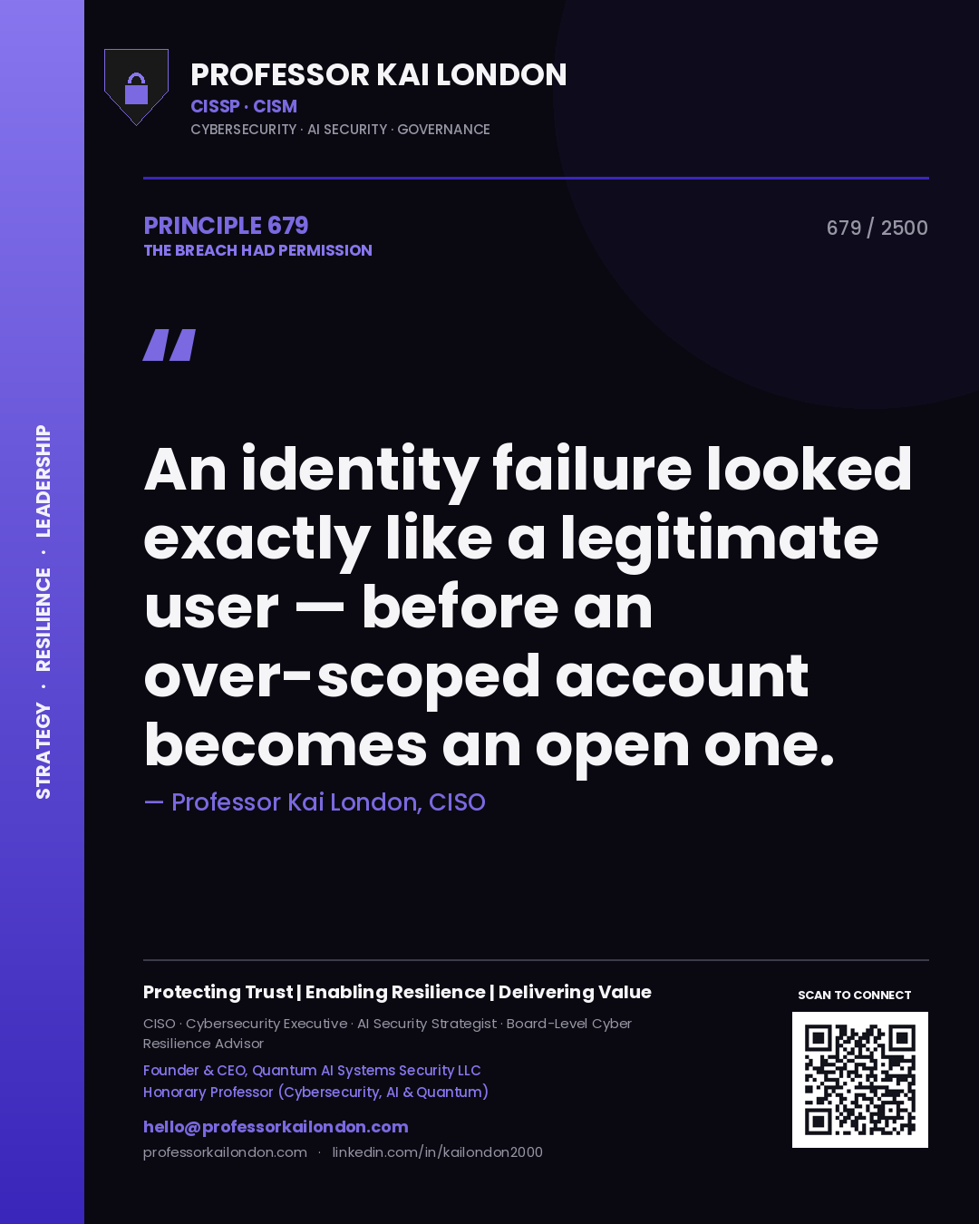 Professor Kai London principle 679: An identity failure looked exactly like a legitimate user — before an over-scoped account becomes an open one.