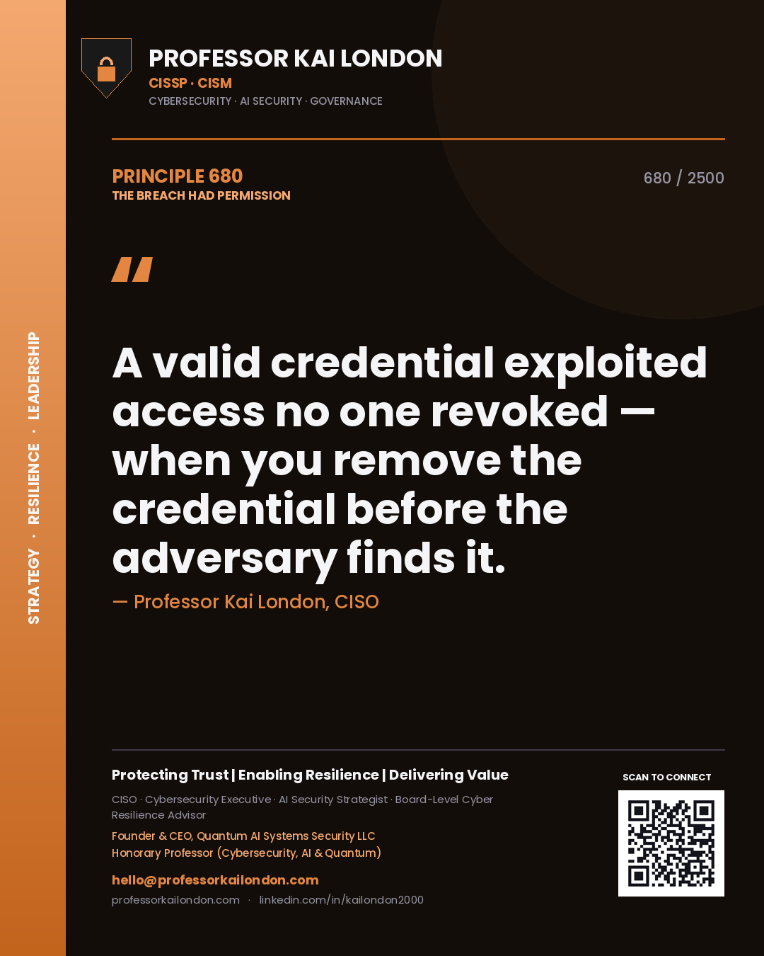 Professor Kai London principle 680: A valid credential exploited access no one revoked — when you remove the credential before the adversary finds it.