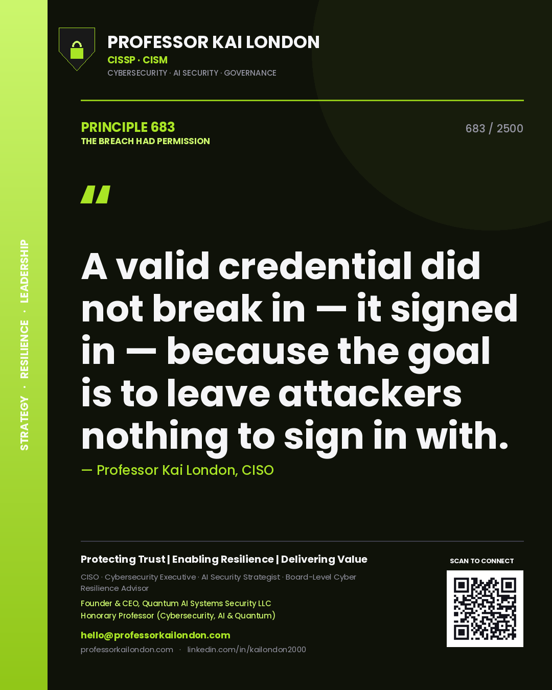 Professor Kai London principle 683: A valid credential did not break in — it signed in — because the goal is to leave attackers nothing to sign in with.