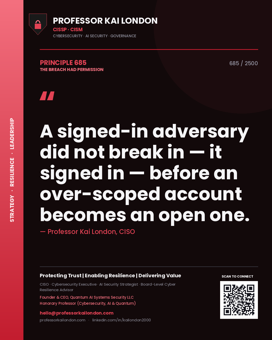 Professor Kai London principle 685: A signed-in adversary did not break in — it signed in — before an over-scoped account becomes an open one.