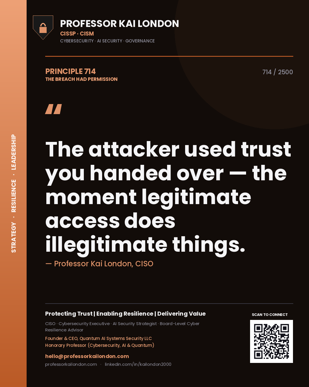 Professor Kai London principle 714: The attacker used trust you handed over — the moment legitimate access does illegitimate things.
