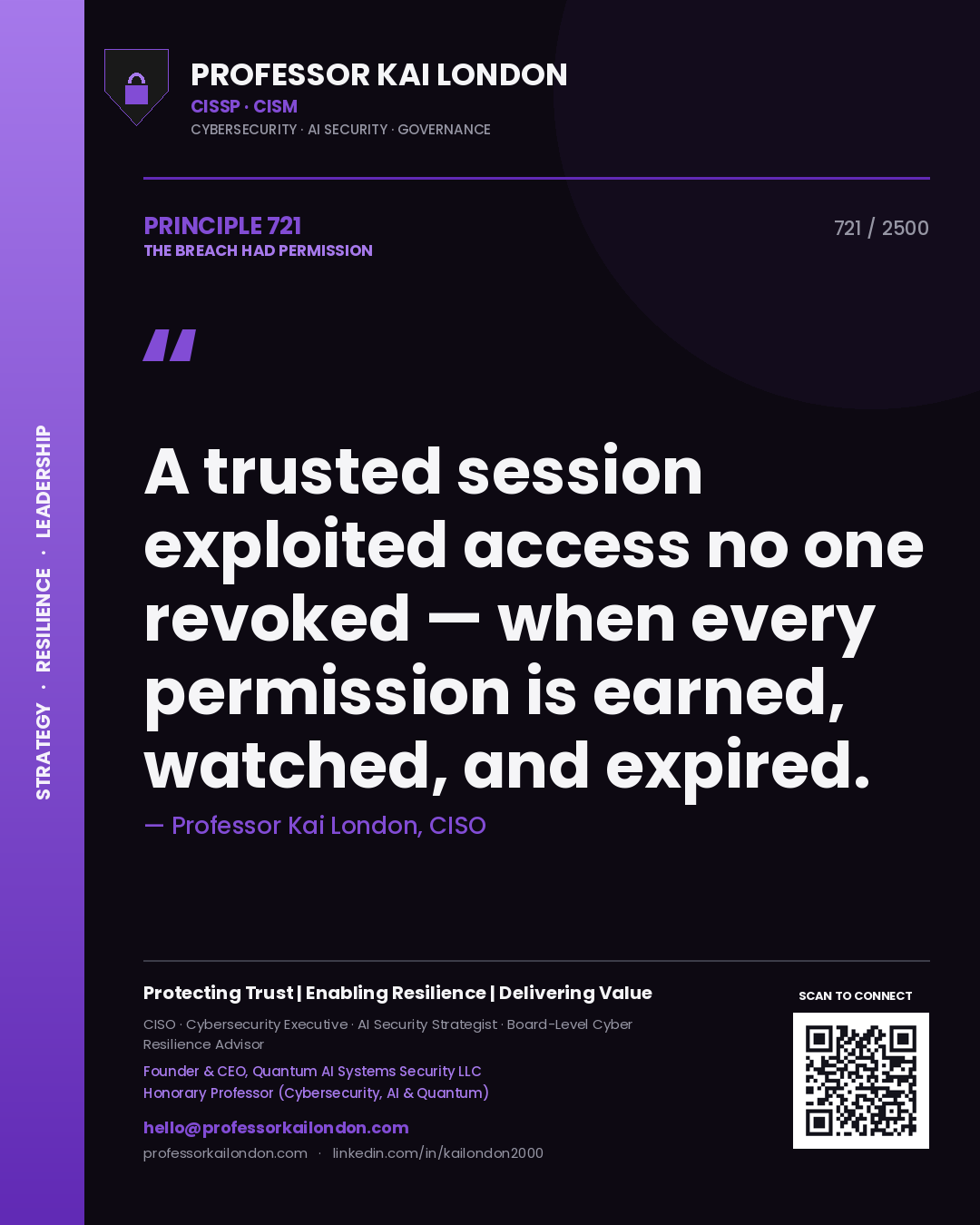 Professor Kai London principle 721: A trusted session exploited access no one revoked — when every permission is earned, watched, and expired.