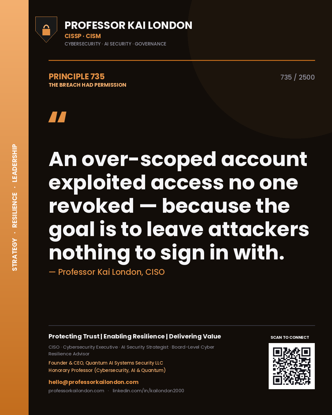 Professor Kai London principle 735: An over-scoped account exploited access no one revoked — because the goal is to leave attackers nothing to sign in with.