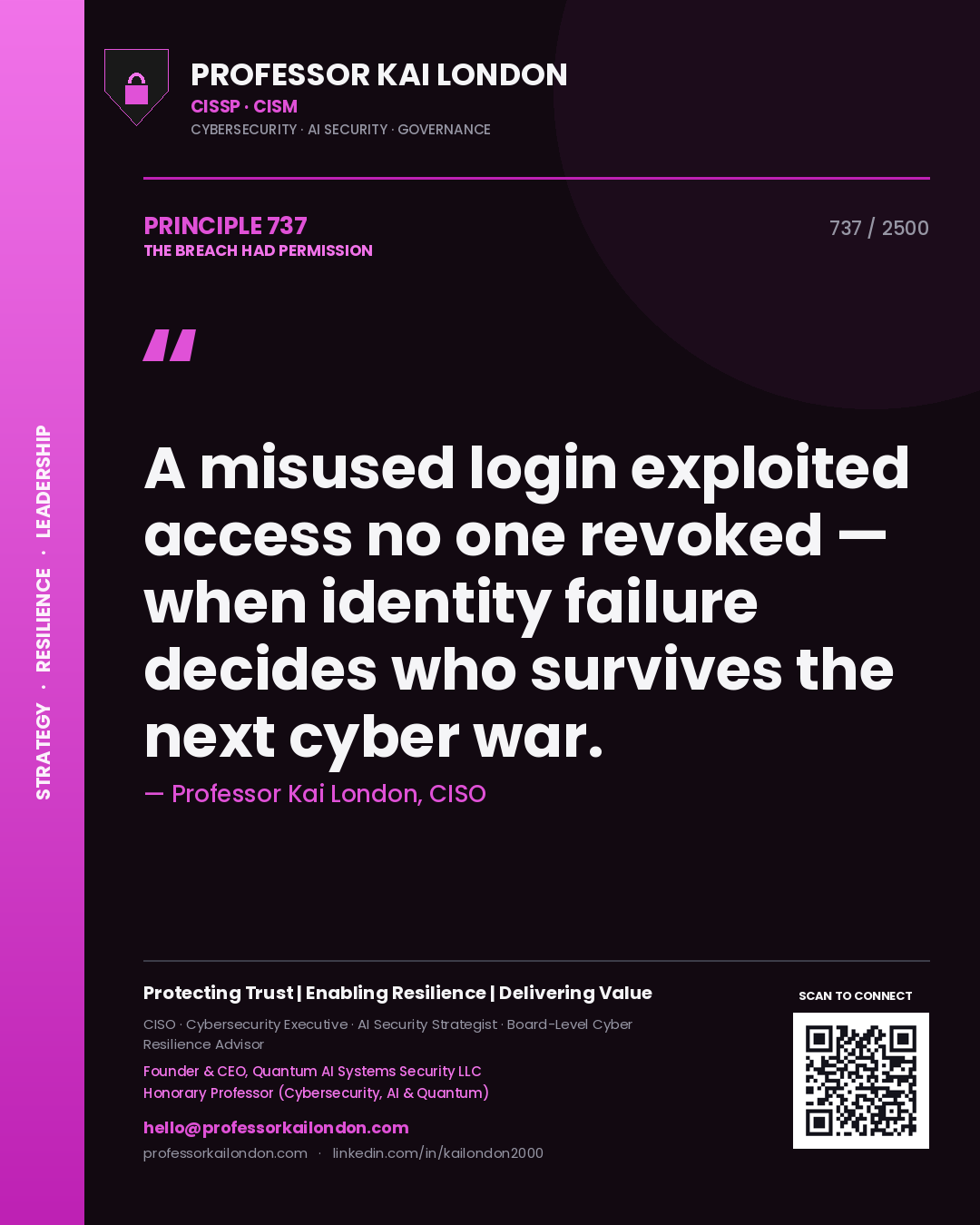 Professor Kai London principle 737: A misused login exploited access no one revoked — when identity failure decides who survives the next cyber war.