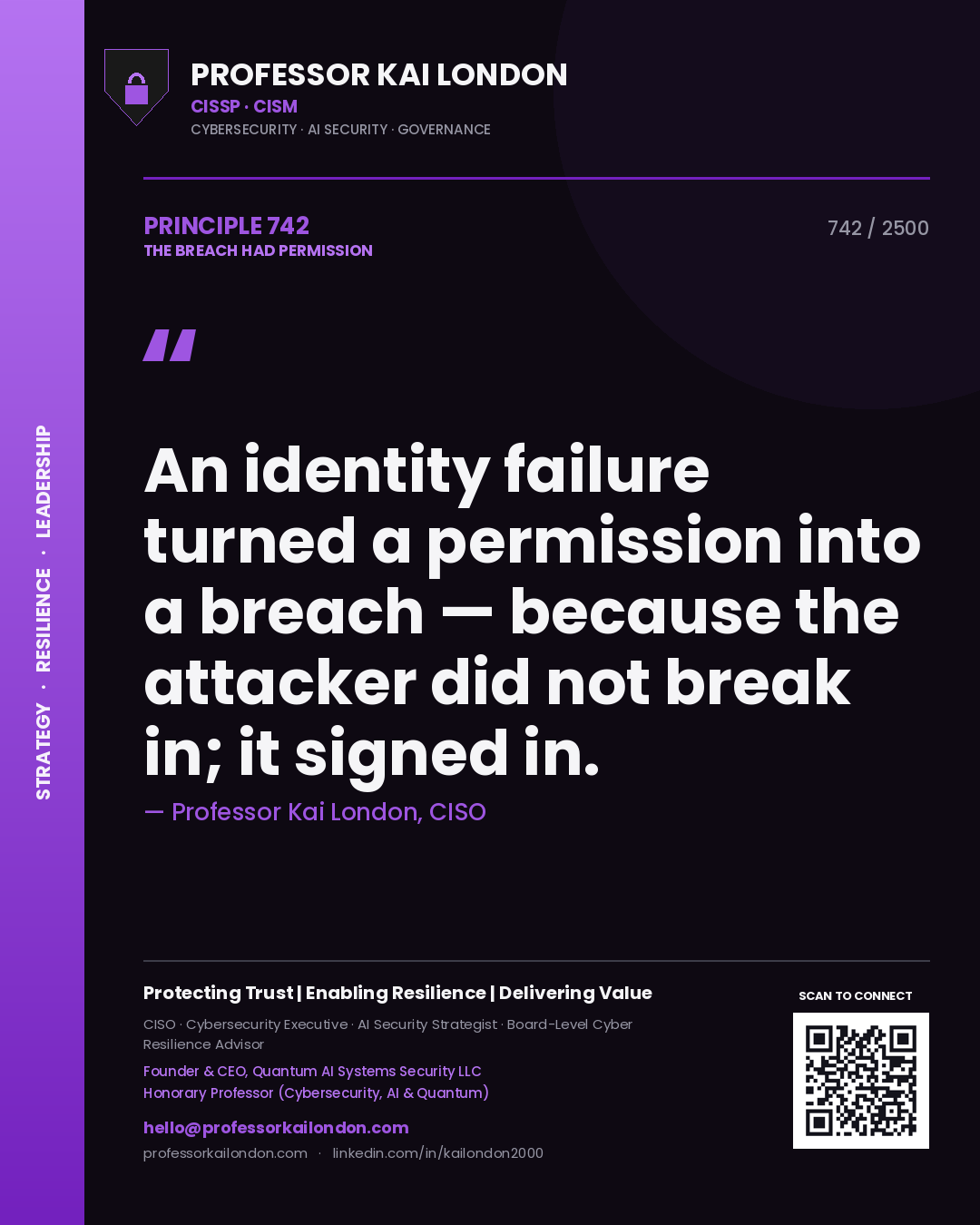 Professor Kai London principle 742: An identity failure turned a permission into a breach — because the attacker did not break in; it signed in.