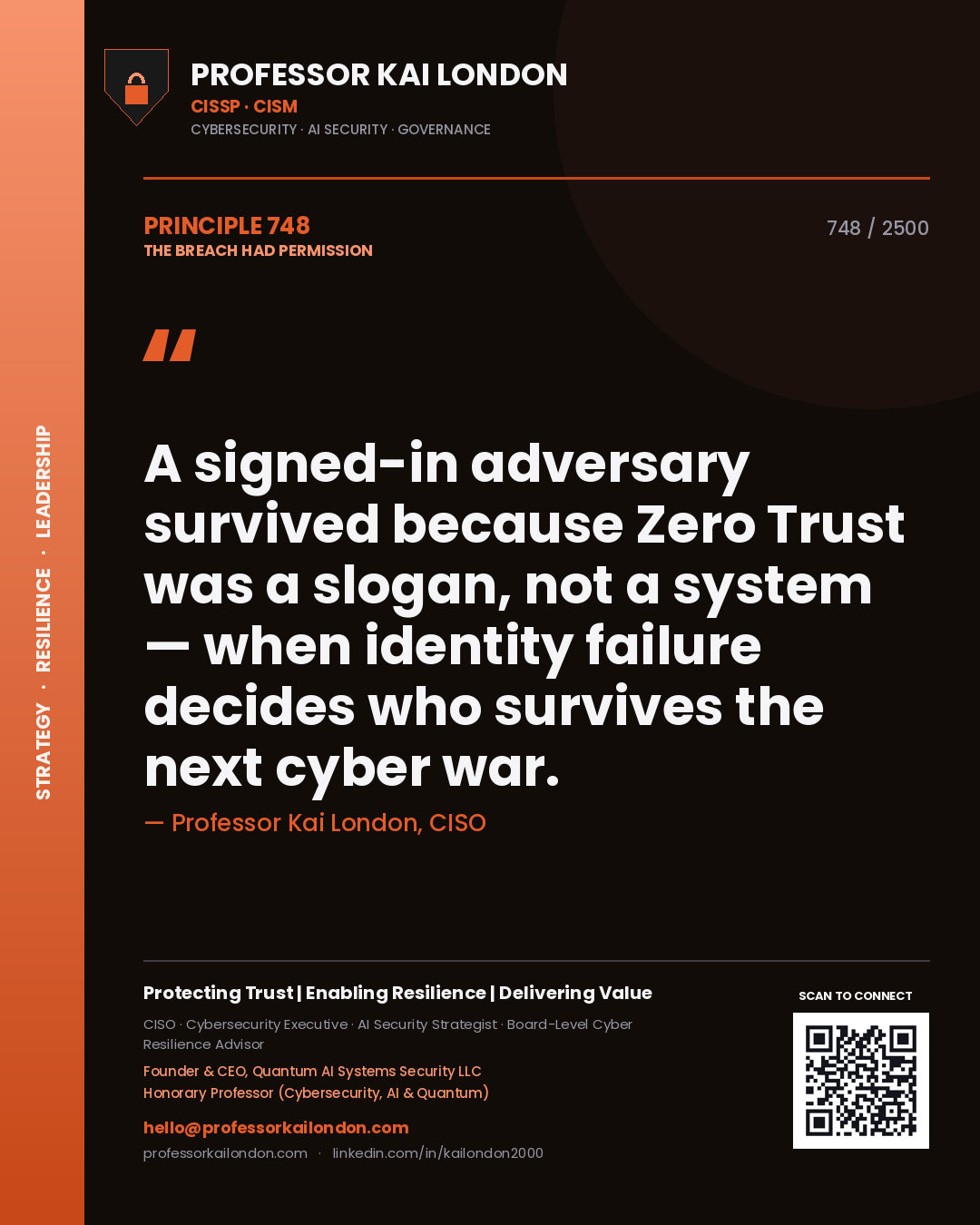 Professor Kai London principle 748: A signed-in adversary survived because Zero Trust was a slogan, not a system — when identity failure decides who survives the next cyber war.