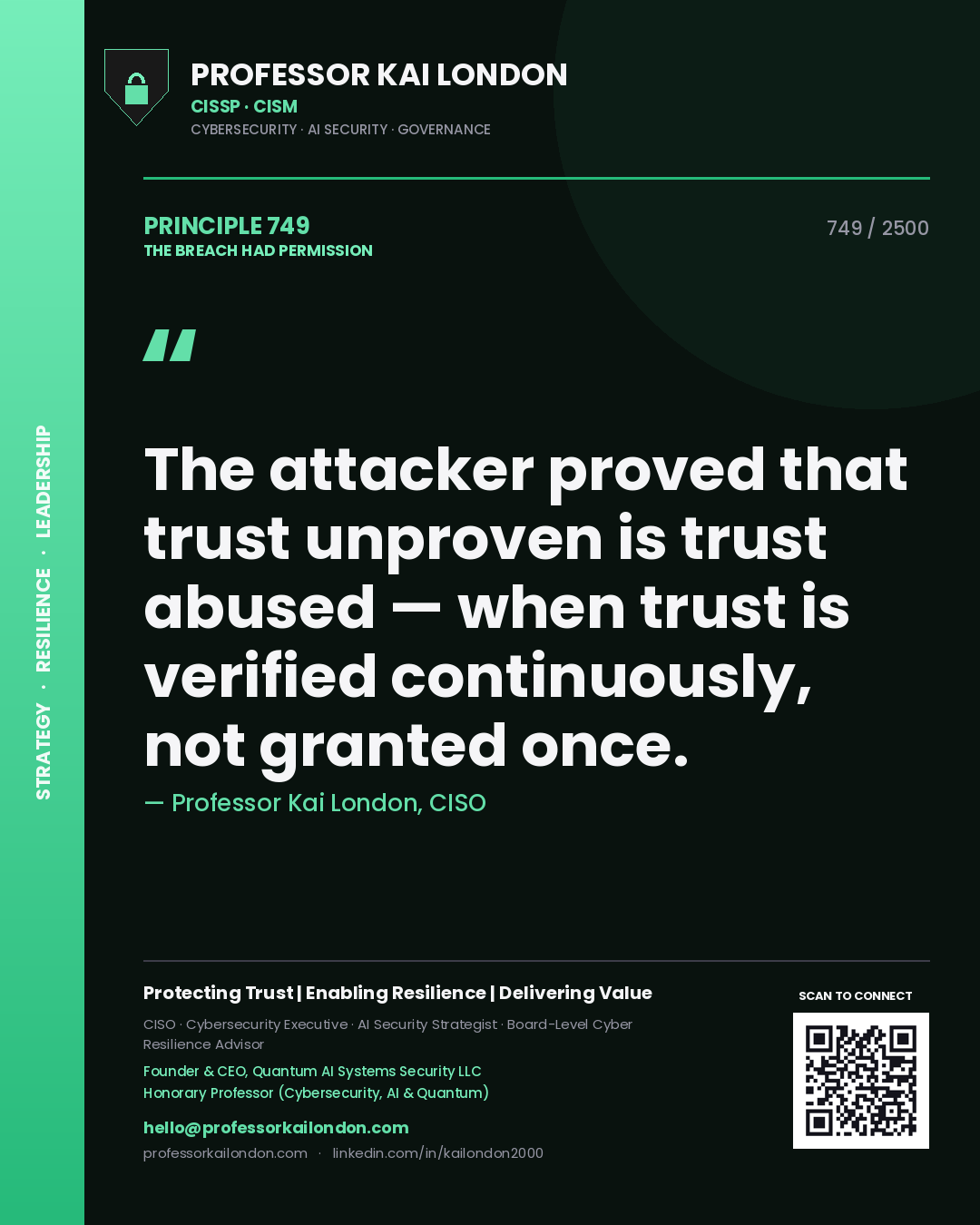 Professor Kai London principle 749: The attacker proved that trust unproven is trust abused — when trust is verified continuously, not granted once.
