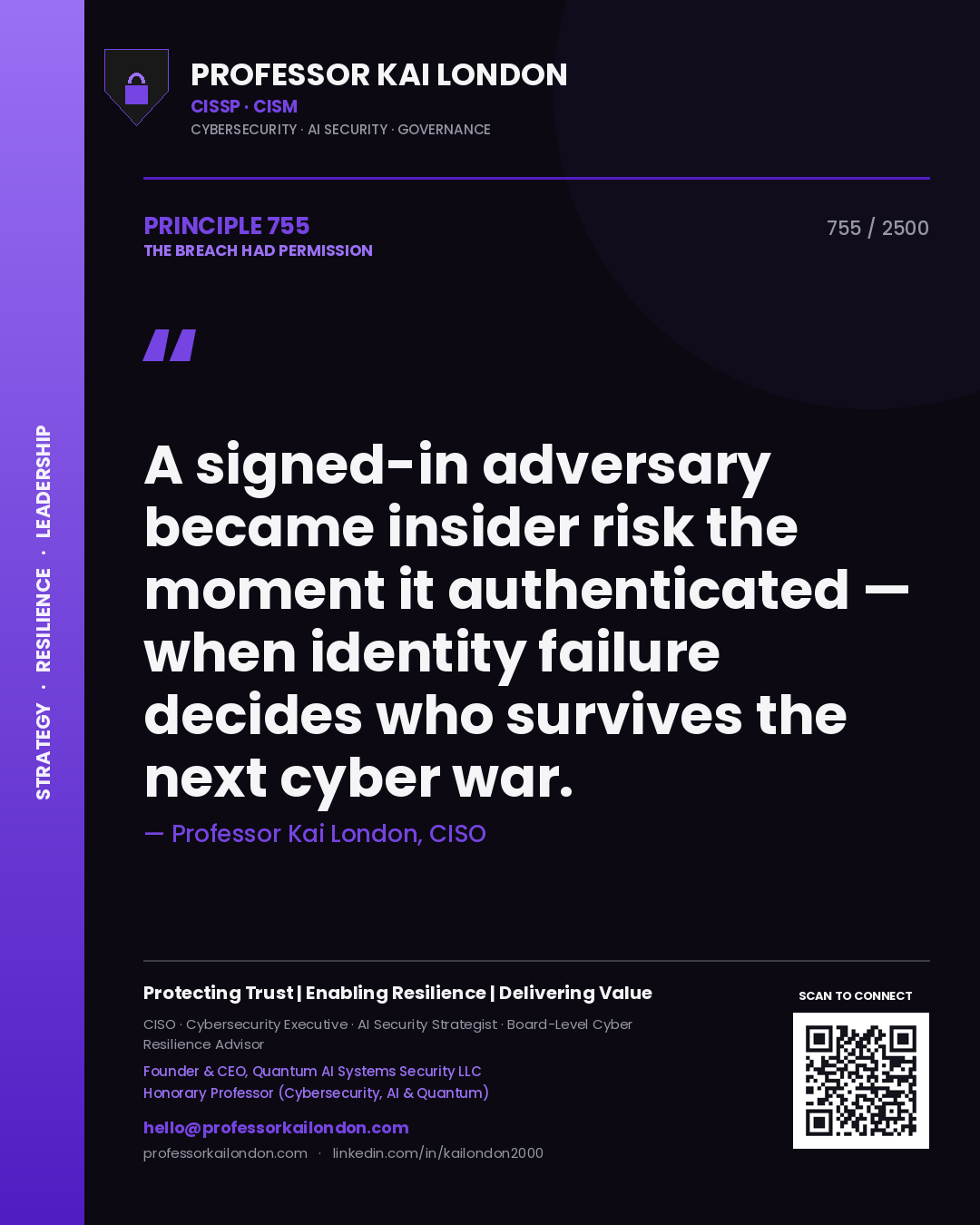 Professor Kai London principle 755: A signed-in adversary became insider risk the moment it authenticated — when identity failure decides who survives the next cyber war.