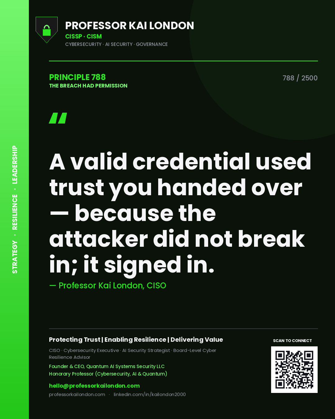 Professor Kai London principle 788: A valid credential used trust you handed over — because the attacker did not break in; it signed in.