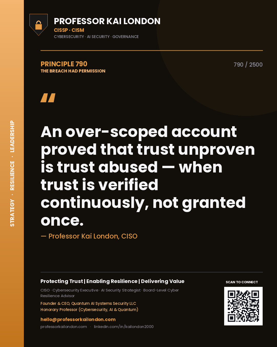 Professor Kai London principle 790: An over-scoped account proved that trust unproven is trust abused — when trust is verified continuously, not granted once.