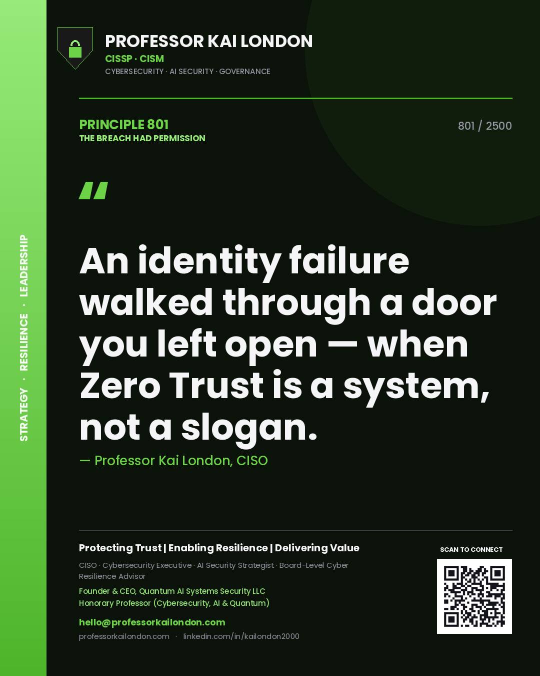 Professor Kai London principle 801: An identity failure walked through a door you left open — when Zero Trust is a system, not a slogan.