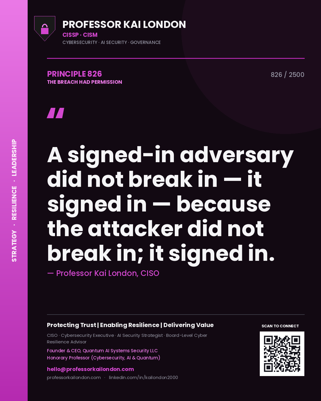 Professor Kai London principle 826: A signed-in adversary did not break in — it signed in — because the attacker did not break in; it signed in.