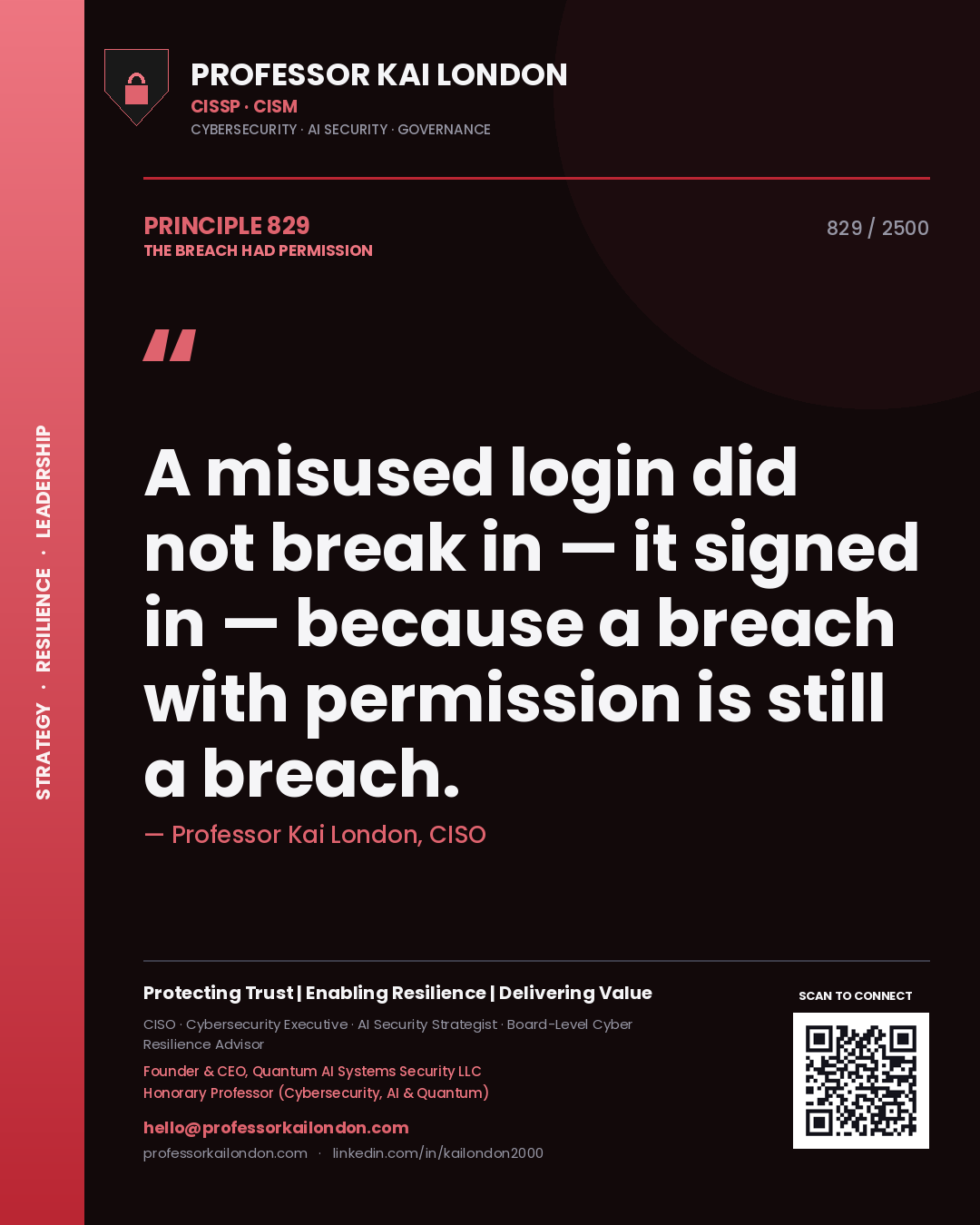Professor Kai London principle 829: A misused login did not break in — it signed in — because a breach with permission is still a breach.