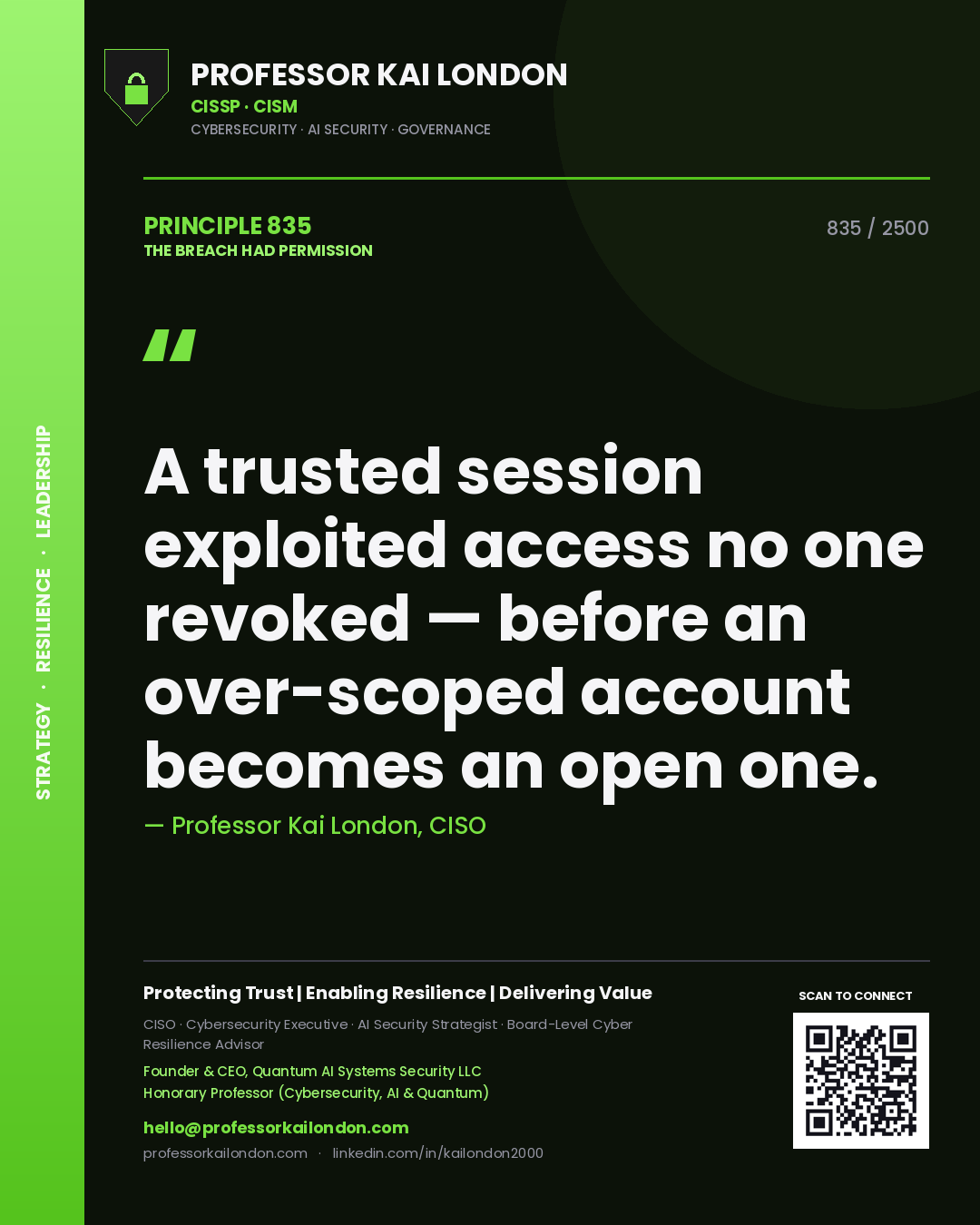 Professor Kai London principle 835: A trusted session exploited access no one revoked — before an over-scoped account becomes an open one.