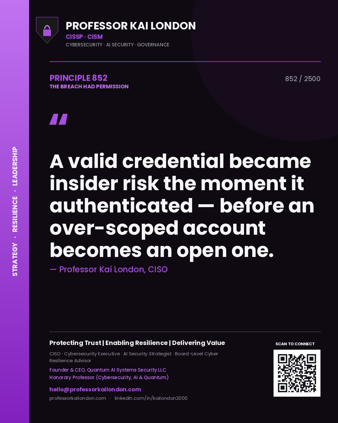 Professor Kai London principle 852: A valid credential became insider risk the moment it authenticated — before an over-scoped account becomes an open one.